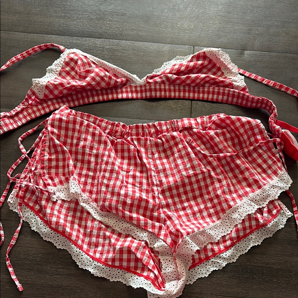 Red Gingham Lace Trim Sleepwear Set